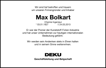 Traueranzeige von Max Bolkart von Hersbrucker Zeitung