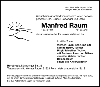Traueranzeige von Manfred Raum von Hersbrucker Zeitung