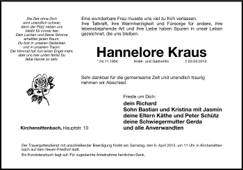 Traueranzeige von Hannelore Kraus von Hersbrucker Zeitung