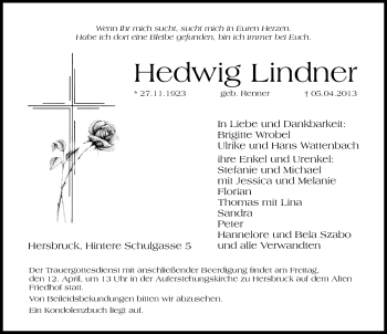 Traueranzeige von Hedwig Lindner von Hersbrucker Zeitung