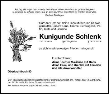 Traueranzeige von Kunigunde Schlenk von Hersbrucker Zeitung