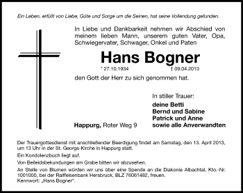 Traueranzeige von Hans Bogner von Hersbrucker Zeitung