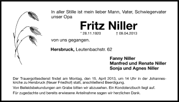 Traueranzeige von Fritz Niller von Hersbrucker Zeitung