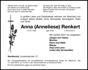 Traueranzeige von Anna Renkert von Hersbrucker Zeitung