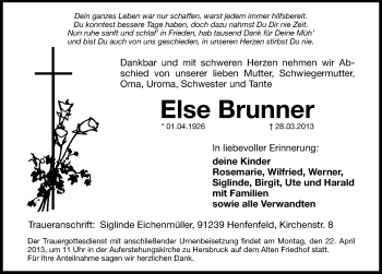 Traueranzeige von Else Brunner von Hersbrucker Zeitung