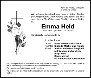 Traueranzeige von Emma Held von Hersbrucker Zeitung
