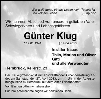 Traueranzeige von Günter Klug von Hersbrucker Zeitung