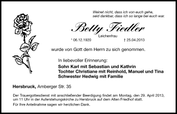 Traueranzeige von Betty Fiedler von Hersbrucker Zeitung