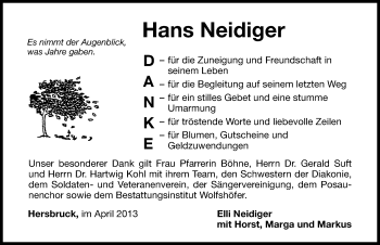 Traueranzeige von Hans Neidiger von Hersbrucker Zeitung