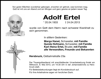 Traueranzeige von Adolf Ertel von Hersbrucker Zeitung
