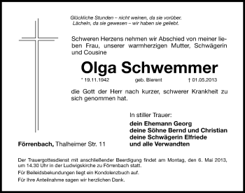 Traueranzeige von Olga Schwemmer von Hersbrucker Zeitung