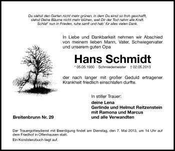 Traueranzeige von Hans Schmidt von Hersbrucker Zeitung
