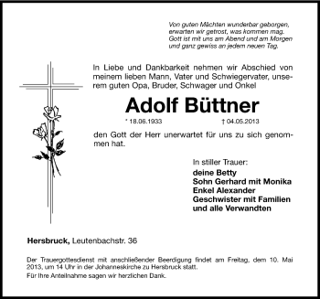 Traueranzeige von Adolf Büttner von Hersbrucker Zeitung