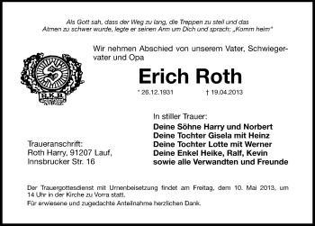 Traueranzeige von Erich Roth von Hersbrucker Zeitung