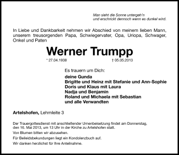 Traueranzeige von Werner Trumpp von Hersbrucker Zeitung