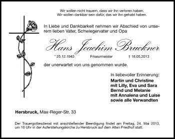 Traueranzeige von Hans Joachim Bruckner von Hersbrucker Zeitung