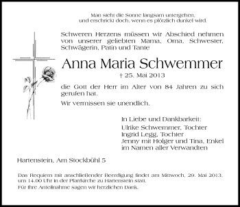 Traueranzeige von Anna Maria Schwemmer von Hersbrucker Zeitung