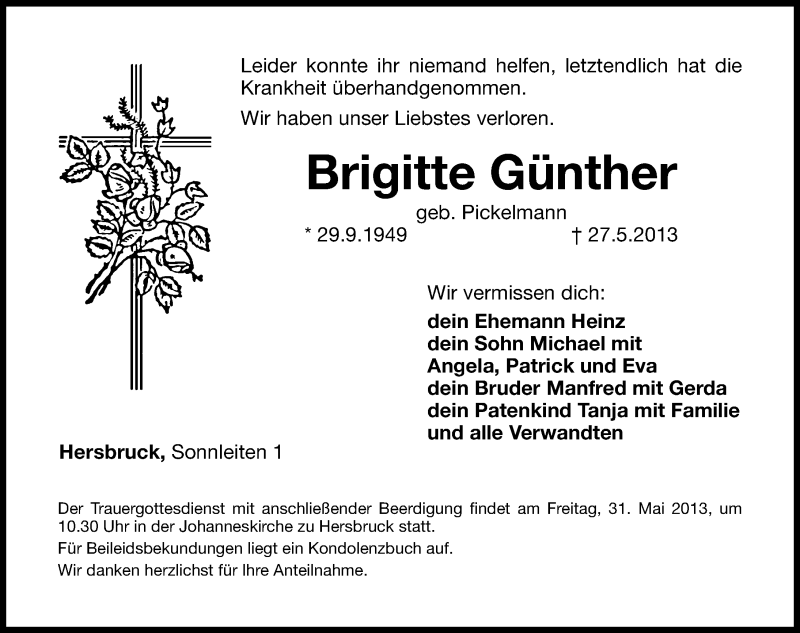  Traueranzeige für Brigitte Günther vom 29.05.2013 aus Hersbrucker Zeitung