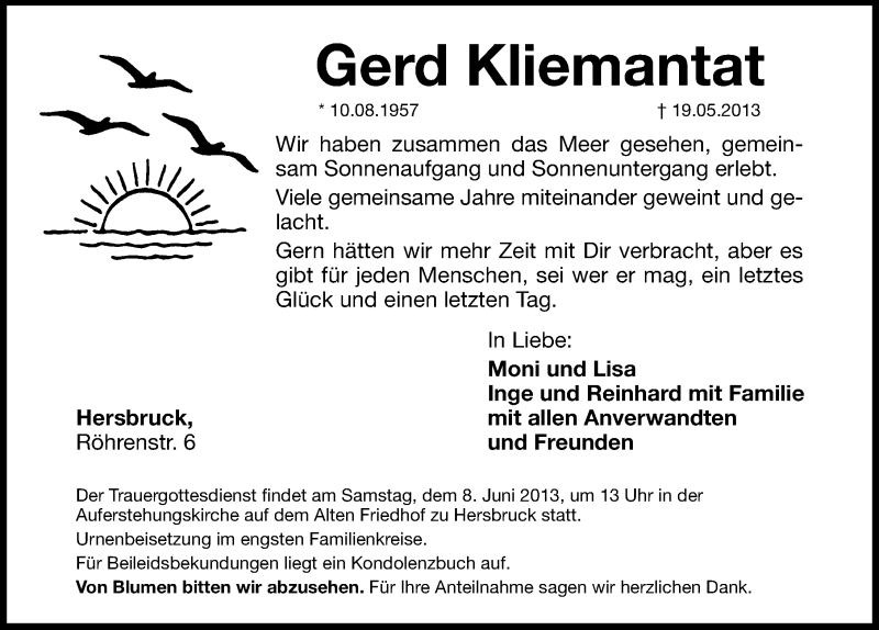  Traueranzeige für Gerd Kliemantat vom 05.06.2013 aus Hersbrucker Zeitung