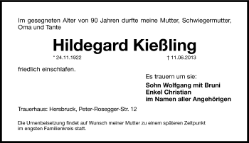 Traueranzeige von Hildegard Kießling von Hersbrucker Zeitung