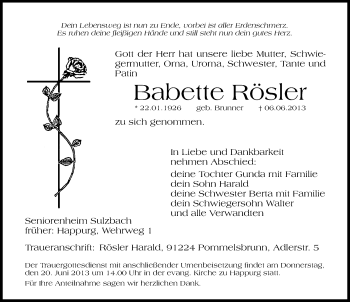 Traueranzeige von Babette Rösler von Hersbrucker Zeitung