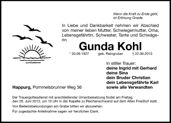 Traueranzeige von Gunda Kohl von Hersbrucker Zeitung