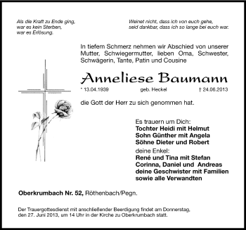 Traueranzeige von Anneliese Baumann von Hersbrucker Zeitung