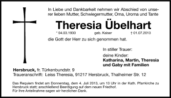 Traueranzeige von Theresia Übelhart von Hersbrucker Zeitung