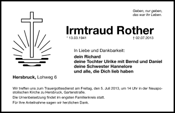Traueranzeige von Irmtraud Rother von Hersbrucker Zeitung