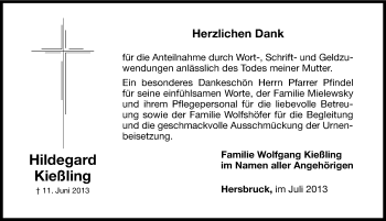 Traueranzeige von Hildegard Kießling von Hersbrucker Zeitung