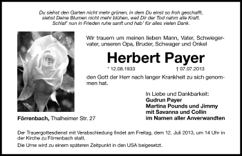 Traueranzeige von Herbert Payer von Hersbrucker Zeitung