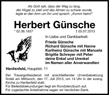 Traueranzeige von Herbert Günsche von Hersbrucker Zeitung