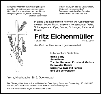Traueranzeige von Fritz Eichenmüller von Hersbrucker Zeitung