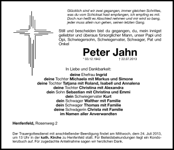 Traueranzeige von Peter Jahn von Hersbrucker Zeitung
