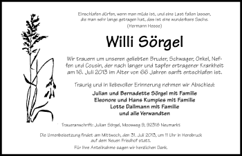 Traueranzeige von Willi Sörgel von Hersbrucker Zeitung