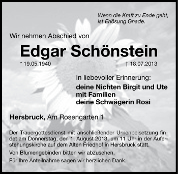 Traueranzeige von Edgar Schönstein von Hersbrucker Zeitung