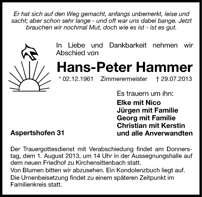  Traueranzeige für Hans-Peter Hammer vom 31.07.2013 aus Hersbrucker Zeitung