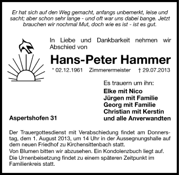 Traueranzeige von Hans-Peter Hammer von Hersbrucker Zeitung