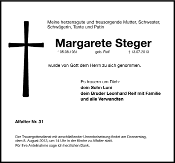 Traueranzeige von Margarete Steger von Hersbrucker Zeitung