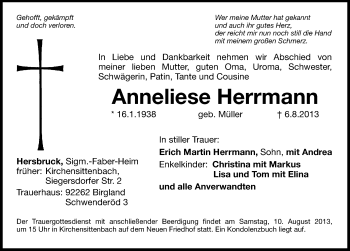Traueranzeige von Anneliese Herrmann von Hersbrucker Zeitung