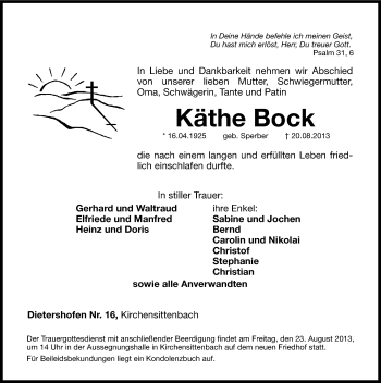 Traueranzeige von Käthe Bock von Hersbrucker Zeitung