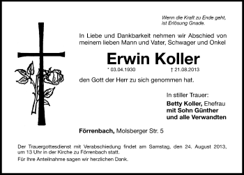 Traueranzeige von Erwin Koller von Hersbrucker Zeitung