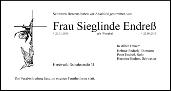 Traueranzeige von Sieglinde Endreß von Hersbrucker Zeitung
