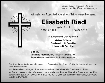 Traueranzeige von Elisabeth Riedl von Hersbrucker Zeitung