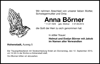 Traueranzeige von Anna Börner von Hersbrucker Zeitung