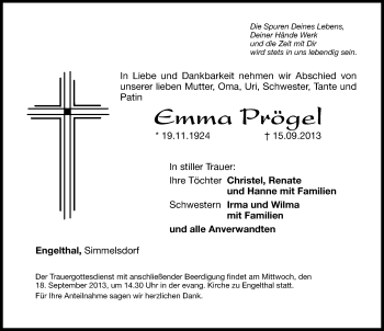Traueranzeige von Emma Prögel von Hersbrucker Zeitung