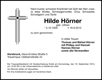 Traueranzeige von Hilde Hörner von Hersbrucker Zeitung