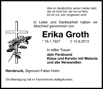 Traueranzeige von Erika Groth von Hersbrucker Zeitung