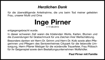 Traueranzeige von Inge Pirner von Hersbrucker Zeitung