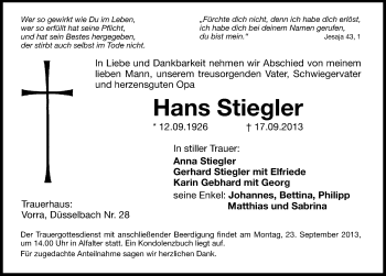 Traueranzeige von Hans Stiegler von Hersbrucker Zeitung